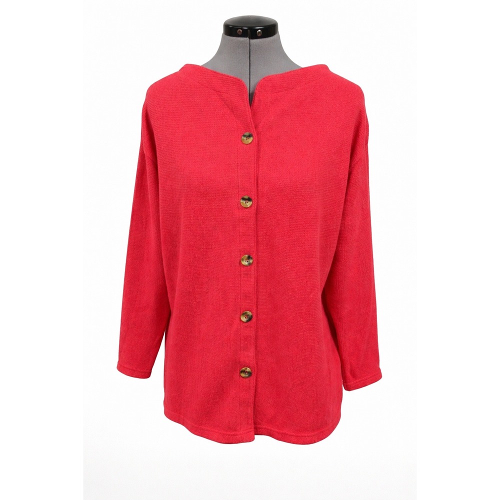 Vintage Express Tricot Red Textured Knit Button Front Cardigan Sweater Womens M